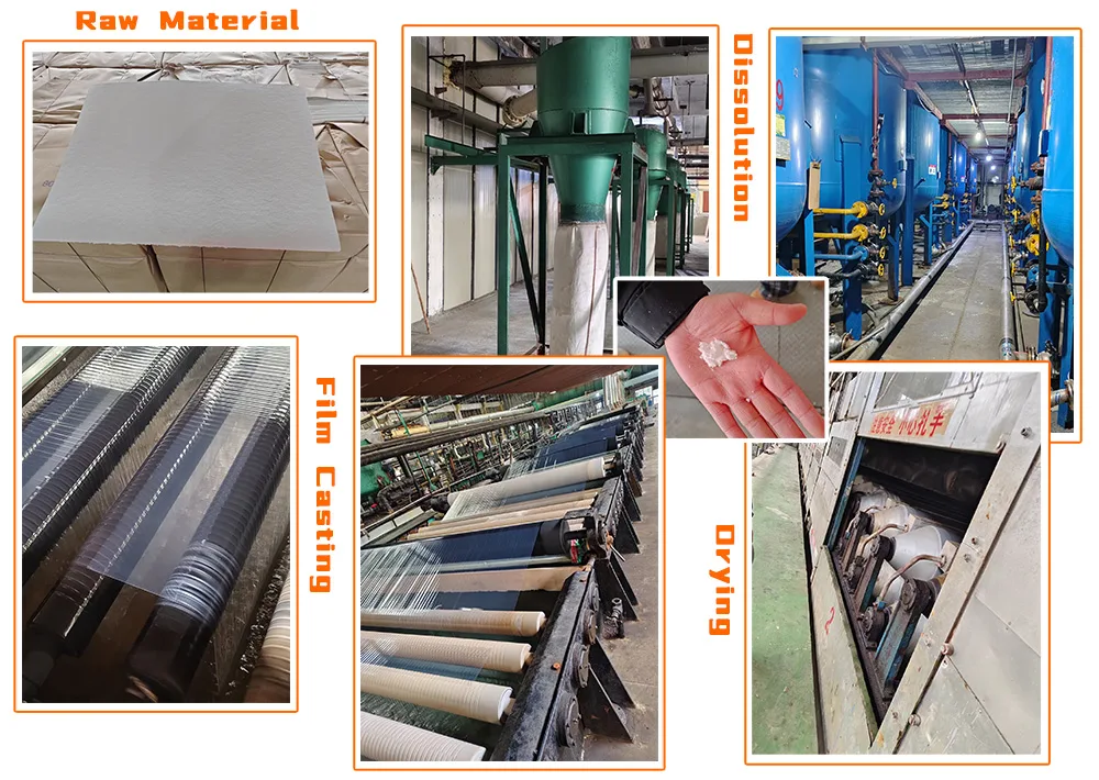 Factory production real scene-Raw Material → Dissolution → Film Casting → Drying 